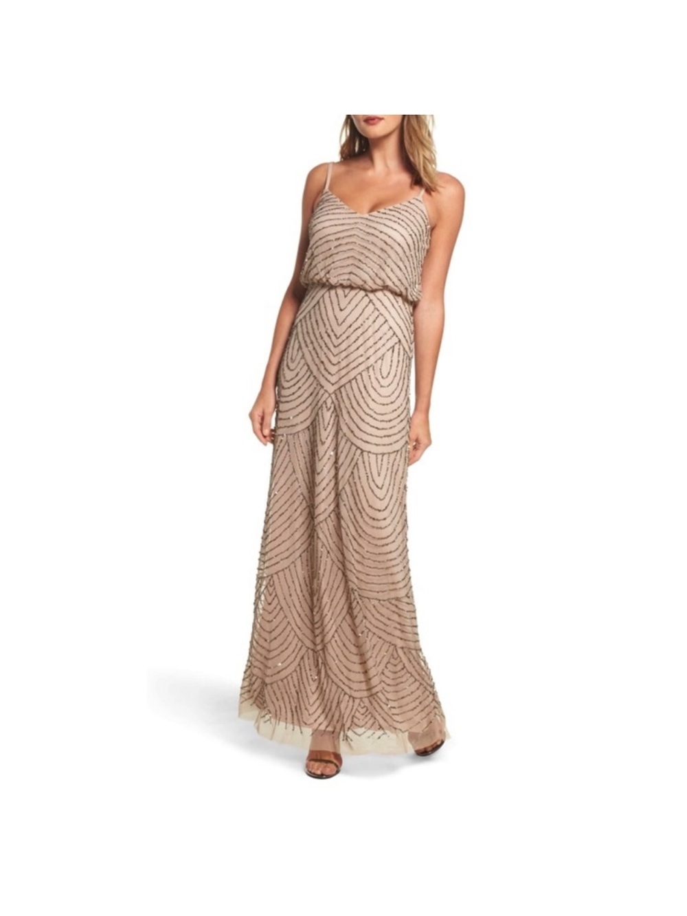 Adriana Papell Blush Blouson Beaded Maxi Gown